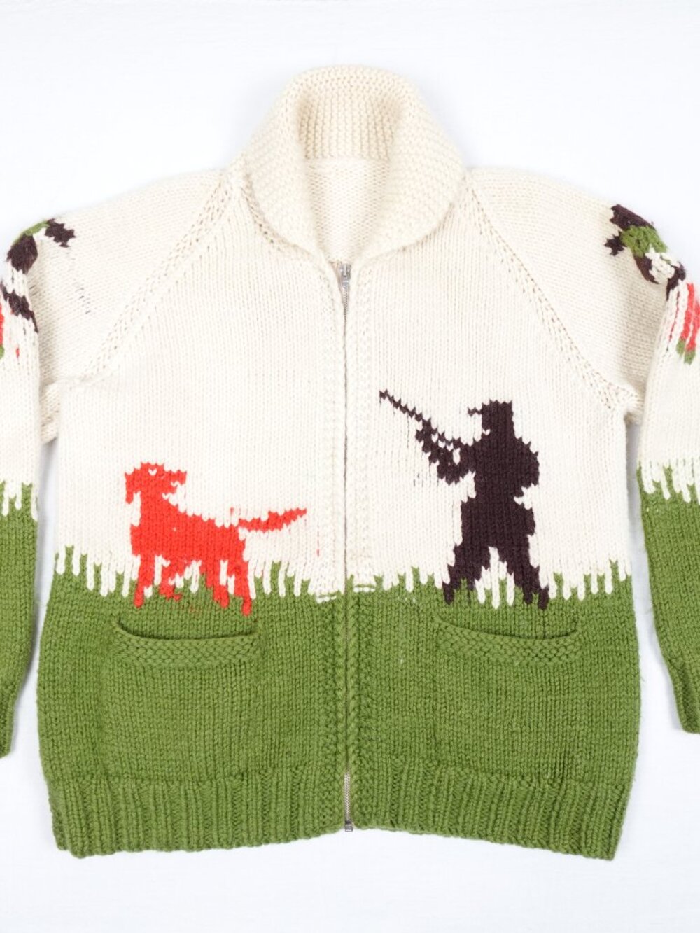 Vintage 70s Handmade Hunting Theme Thick Knit Sweater Adult Large - XL Bird Dog